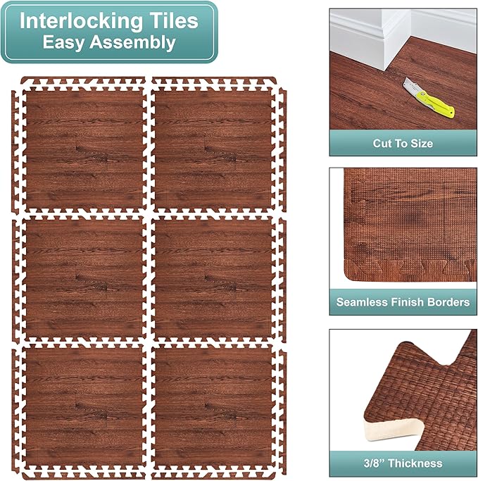 Sorbus 80 Sq. Ft. Wood Grain Floor Tiles Foam Mat EVA Interlocking Mats Tile 3/8-Inch Thick Flooring Wood Puzzle Exercise Mats w/Borders - Home Playroom Basement, Apartment, Trade Show, Baby, Dance