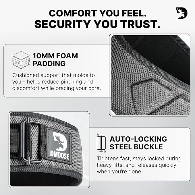 DMoose Fitness Weight Lifting Belt for Squats, Deadlift & Intense Workout - 6" Adjustable Fit Auto Lock Weightlifting Belt for Men & Women - Neoprene Gym Belts for Stability & Lumbar Back Support