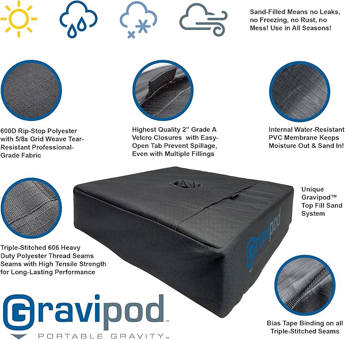 Gravipod Umbrella Base Weight | Outdoor Sand-Fillable Stabilizer for Cantilever, Offset, and Patio Umbrellas | Heavy-Duty Weather-Resistant Fabric