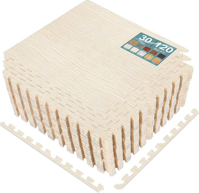Sorbus 120 Sq. Ft. Wood Grain Floor Tiles Foam Mat EVA Interlocking Mats Tile 3/8-Inch Thick Flooring Wood Puzzle Exercise Mats w/Borders - Home Playroom Basement, Apartment, Trade Show, Baby, Dance