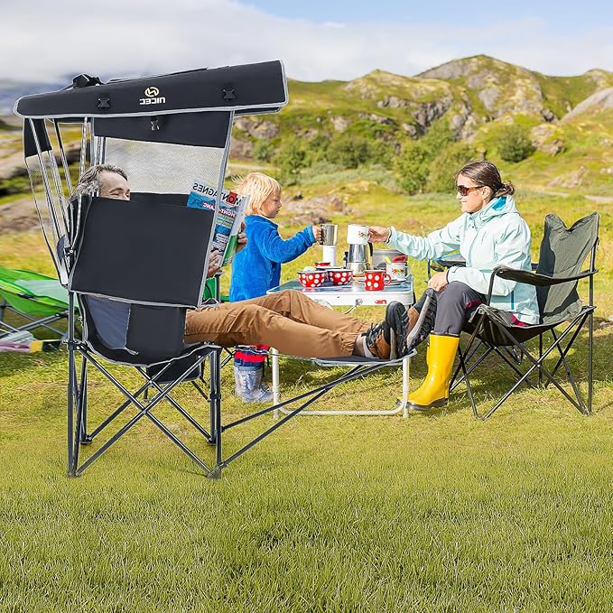 Nice C Chair with Canopy, Heated Camping Chair with Battery, Outdoor Sports Chairs with Shade, Heated Folding Umbrella Lawn Chairs, with Removable Footrest (1-Pack)