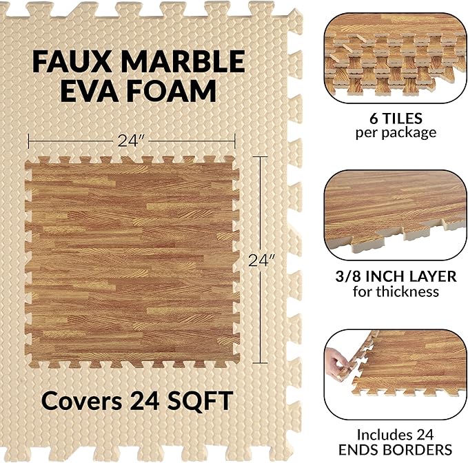 Foam Floor Tiles - 24sqft Wood Grain Interlocking Foam Tiles with Border - Soft Play Mat Playroom or Gym Flooring for Home Gym by Stalwart (Light)
