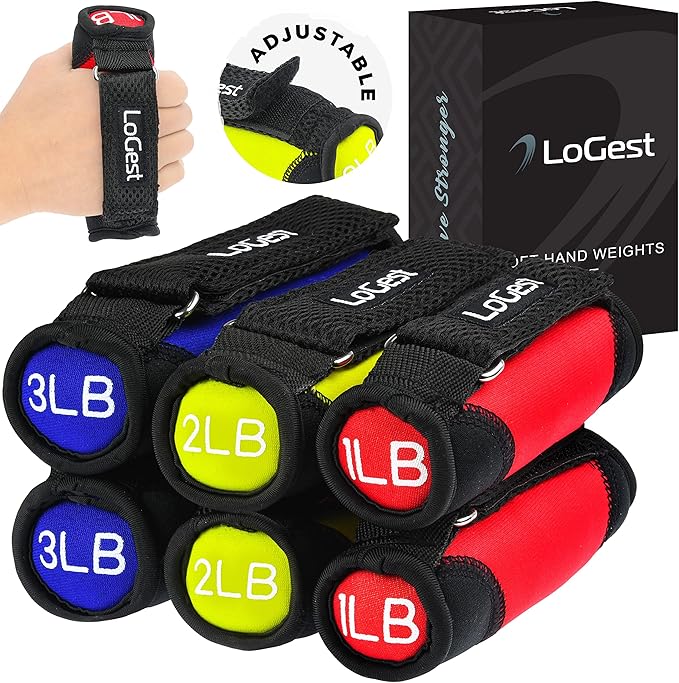 Logest Soft Hand Weights - Adjustable Neoprene Dumbbells (1LB, 2LB, 3LB, 4LB) - Red, Yellow, Blue, Purple - Velcro Straps - Weight Training, Walking, Jogging, Aerobics, Yoga