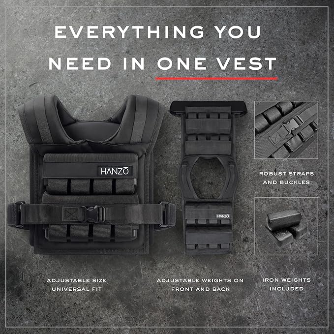 HANZO Weighted Vest for Men & Women 25lbs | 35lbs | 45lbs | 65lbs | Weight Vest With Removable Iron Weights, Adjustable Heavy Duty Weighted Workout Vest for Calisthenics & Fitness Training