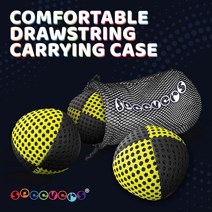 speevers Juggling Balls for Beginners and Professionals Set of 3, 14 Colors Available, 2 Layers of Net and Carry Case, Xballs Juggling Balls (Black - Yellow, 4.2 oz)