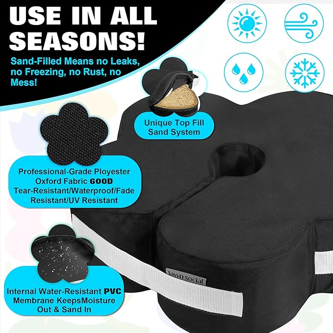 Lawn Social Umbrella Base Weight Bag, Round Heavy Duty Sand Bags for Cantilever Patio Umbrella, Universal Fit for Any Offset Design, Stabilize and Secure Umbrella (Black)