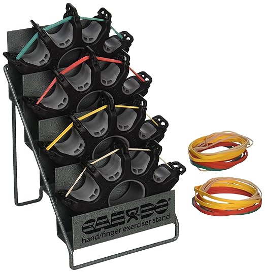 CanDo 10-0757 Digi-Extend Hand Exerciser with Metal Rack, 4 Exercises with 64 Bands Tan/Yellow/Red/Green