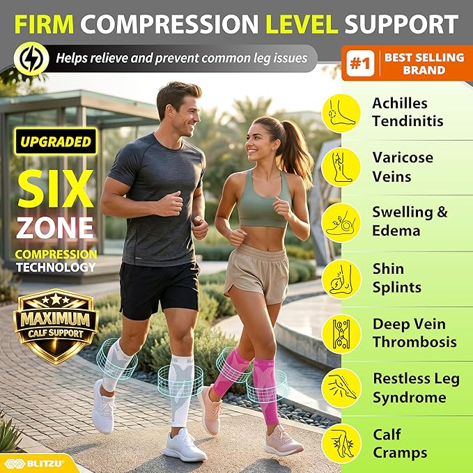 BLITZU Calf Compression Sleeve for Men & Women Footless Compression Socks Support Runners Leg Sleeve Shin Splints Pain Relief