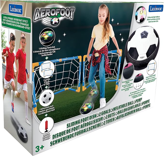 Lexibook Aerofoot, Hovercraft Soccer disc, 2 Goals, Pump and Inflatable Ball Included, Glides Easily, Fast and Dynamic, Light Effects, Anti-Shock Foam Edges, Rechargeable, JG981