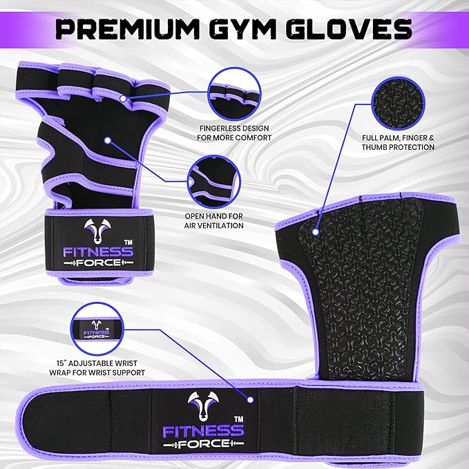 FITNESS FORCE Ventilated Weightlifting Gloves Workout Gloves for Men & Women with Built-in Wrist Wraps Fingerless Gym Gloves for Men Perfect for Exercise Fitness, Weight Lifting, Cross Training