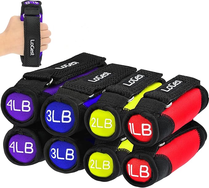 Logest Soft Hand Weights - Adjustable Neoprene Dumbbells (1LB, 2LB, 3LB, 4LB) - Red, Yellow, Blue, Purple - Velcro Straps - Weight Training, Walking, Jogging, Aerobics, Yoga