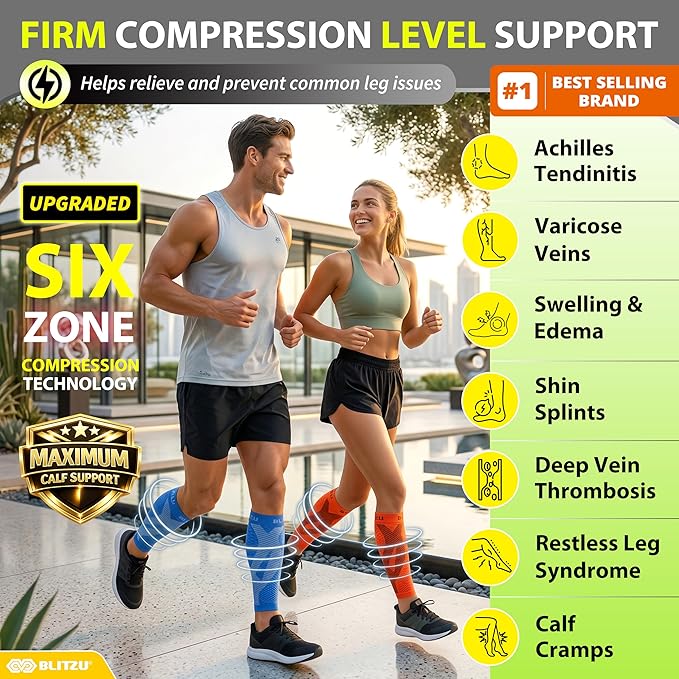 BLITZU Calf Compression Sleeve for Men & Women Footless Compression Socks Support Runners Leg Sleeve Shin Splints Pain Relief