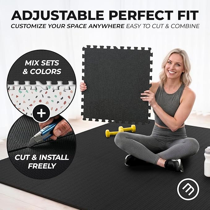 bemaxx Gym Mats Set - 48 pcs EVA Interlocking Foam Floor Tiles (24.4"x24.4"x0.4") 192 sqft Protective Gym Flooring Sports Home Workout Exercise Mats Puzzle Garage Fitness Play-Room Pool Treadmill Bike