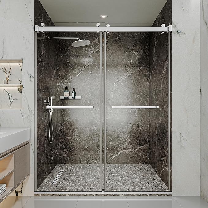 50-54" W x 76" H Frameless Shower Door, Double Sliding Glass Shower Door with 5/16" (8mm) Clear SGCC Tempered, Roller Disc System, 304 Stainless Steel (Brushed Nickel, 50-54" W*76" H)