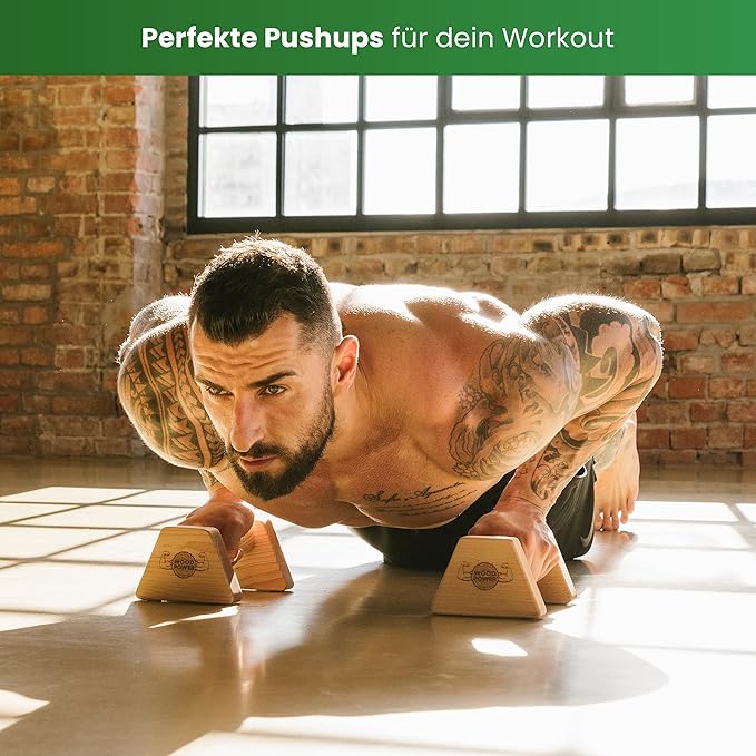 WOODPOWER® - PowerBars, Wooden Parallettes Push Up Bars, Joint-Friendly Beech Wood Calisthenics Equipment for Home, Durable Handstand Trainer Push Up Handles for Floors