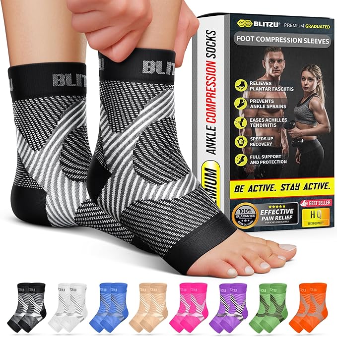 BLITZU Compression Socks for Plantar Fasciitis, Achilles Tendonitis, Arthritis Relief, Ankle Brace Compression Sleeve with Foot Arch Support, Ankle Wrap for Women, Men, Swelling & Heel Pain Black S-M