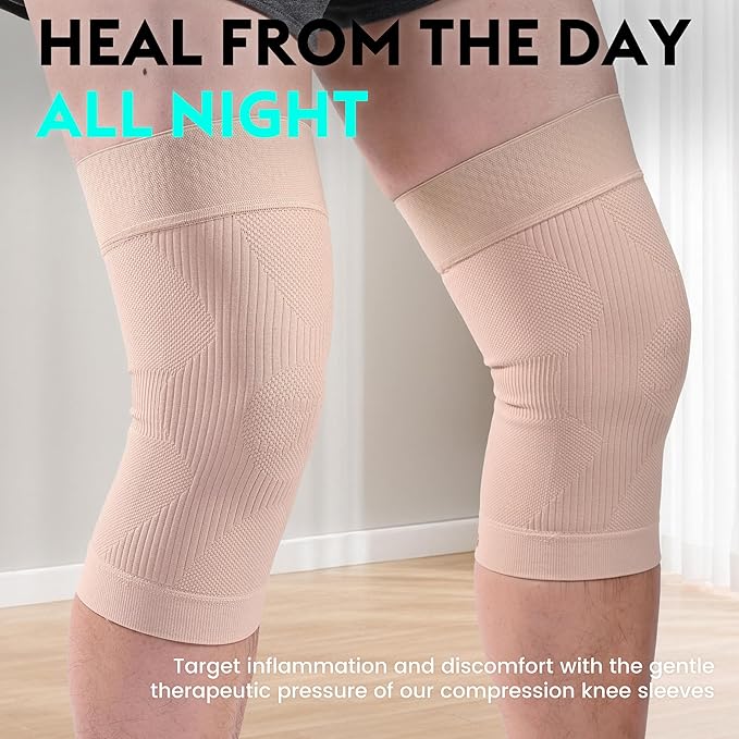 KEKING Orthopedic Brace for Tendinitis, Arthritis, ACL, MCL, Injury Recovery, Meniscus Tear, Knee Pain, Aching Knees, Patellar Tendonitis and Arthritis, Knee Compression Sleeves 2 Pack, Beige L
