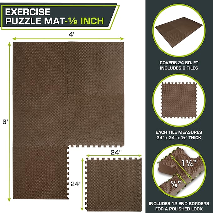 ProsourceFit Exercise Puzzle Mat ½-inch, EVA Interlocking Foam Floor Tiles for Home Gym, Workout Equipment, Kids Play Areas, Brown, 24 Sq Ft - 6 Tiles