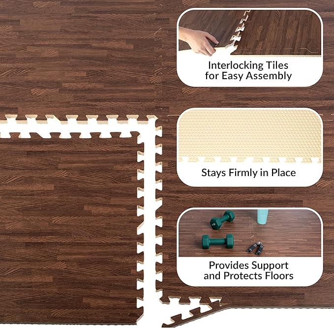 EVA Foam Floor Tiles 12-Pack - 48 SQFT Woodgrain Puzzle Mats for Floor - Interlocking Foam Tiles for Family Room or Gym Flooring by Stalwart (Dark)