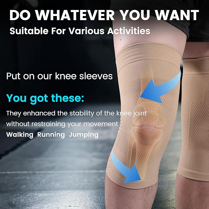 Knee Compression Sleeves, 1 Pair, Can Be Worn Under Pants, 20-30mmHg Strong Support Knee Brace for Unisex, Knee Support for Meniscus Tear, Arthritis, Pain Relief, Injury Recovery, Daily Wear, Beige L