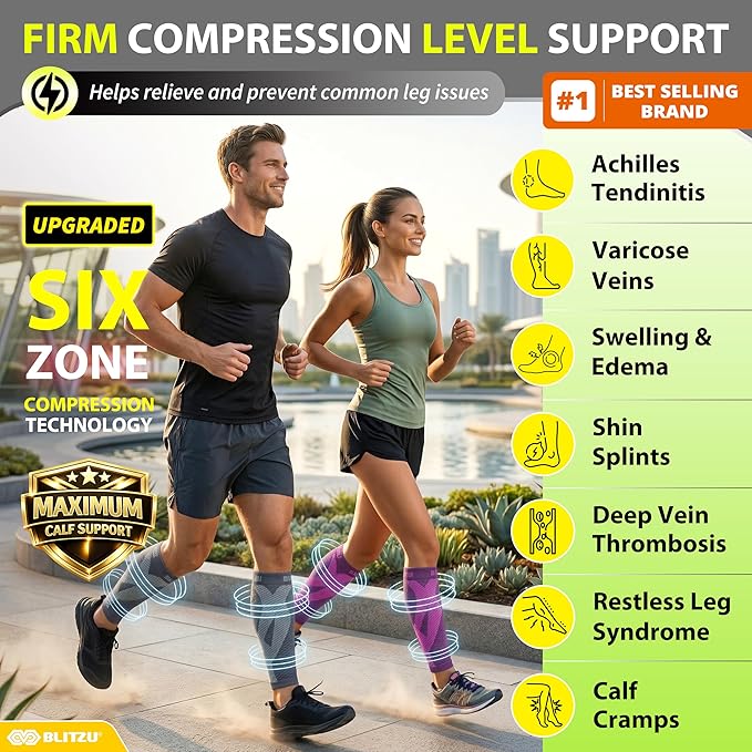 BLITZU Calf Compression Sleeve for Men & Women Footless Compression Socks Support Runners Leg Sleeve Shin Splints Pain Relief