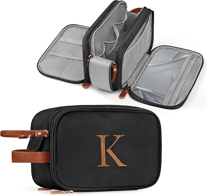 YOOLIFE Mens Toiletry Travel Bag - Toiletry Bag for Men | Gifts for Boyfriend Personalized Gifts for Men Father Husband | Travel Accessories Toiletries Water Resistant Dopp Kit Letter K Black
