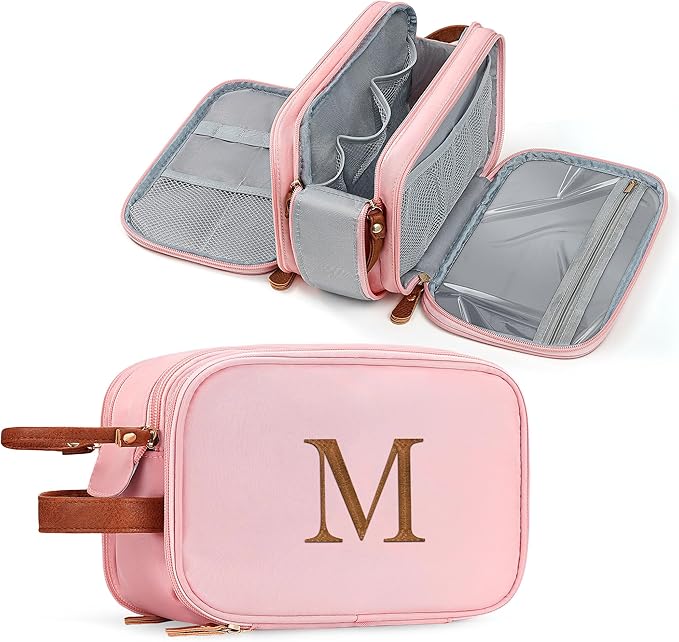 YOOLIFE Birthday Gifts for Women Teen Girls - Pink Initial Toiletry Bag Travel Makeup Bag, Personalized Gifts for Women Teen Girls Girlfriend Sister Daughter Birthday Gift Letter M Pink