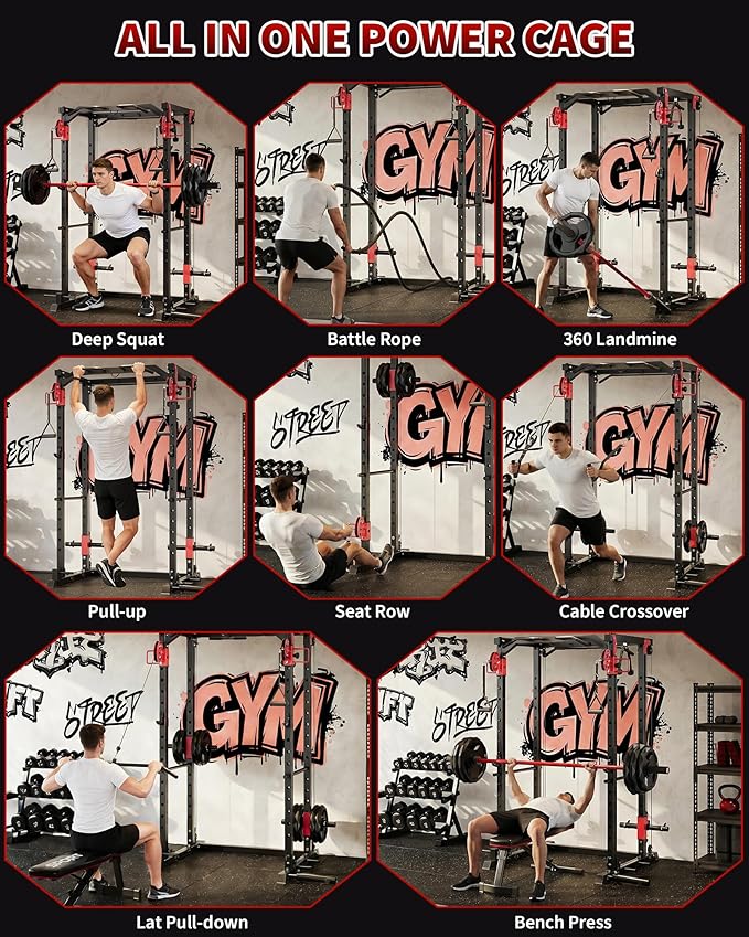 GarveeLife Power Cage, Power Rack with Cable Crossover System, 2000LBS Squat Rack with LAT Pull Down System, Workout Cage with Pulley System for Fitness Home Gym Strength Training(Red and Black)