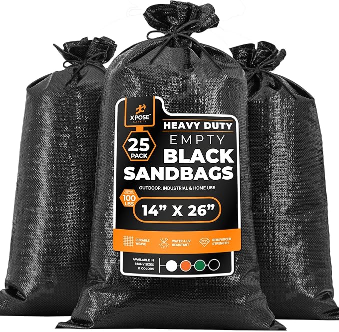 Xpose Safety Heavy Duty Sand Bags with Tie Strings – Empty Woven Polypropylene Sandbags for Hurricane Flood Protection, 100 lb Capacity, 14" x 26", Black, Pack of 25