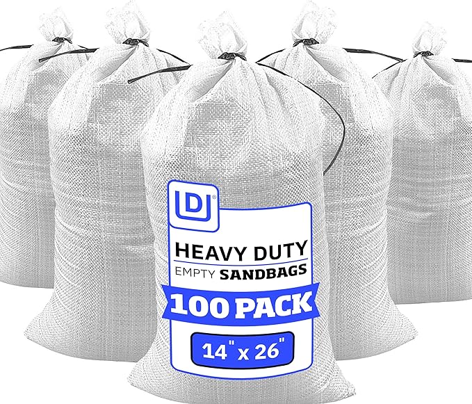 DURASACK Heavy Duty Sand Bags with Tie Strings Empty Woven Polypropylene Sand-Bags for Flood Control with 1600 Hours of UV Protection, 50 lbs Capacity, 14x26 inches, White, Pack of 100