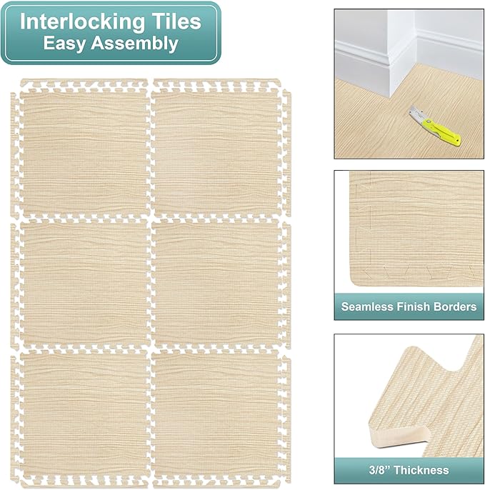 Sorbus 80 Sq. Ft. Wood Grain Floor Tiles Foam Mat EVA Interlocking Mats Tile 3/8-Inch Thick Flooring Wood Puzzle Exercise Mats w/Borders - Home Playroom Basement, Apartment, Trade Show, Baby, Dance
