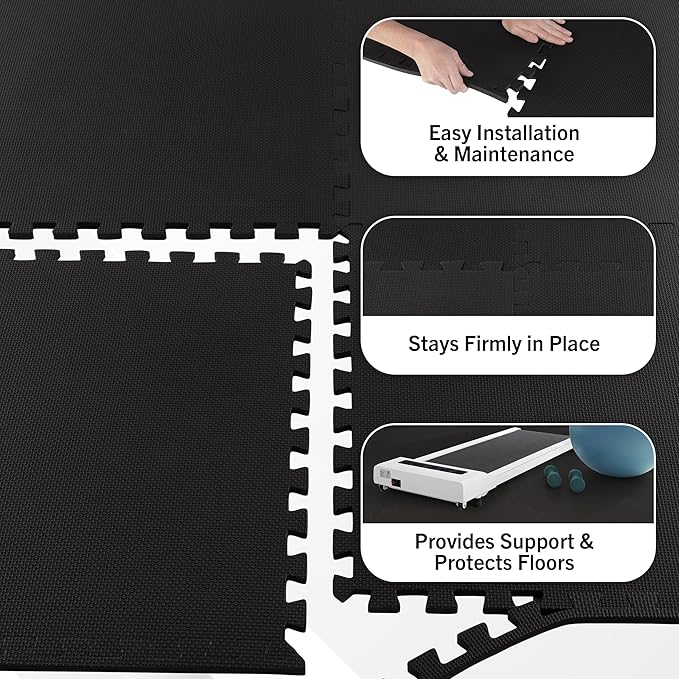 EVA Foam Mat Tiles 6-Pack - 24 SQ FT of Interlocking Padding for Garage, Playroom, or Gym Flooring - Workout Mat or Baby Playmat by Stalwart (Black)