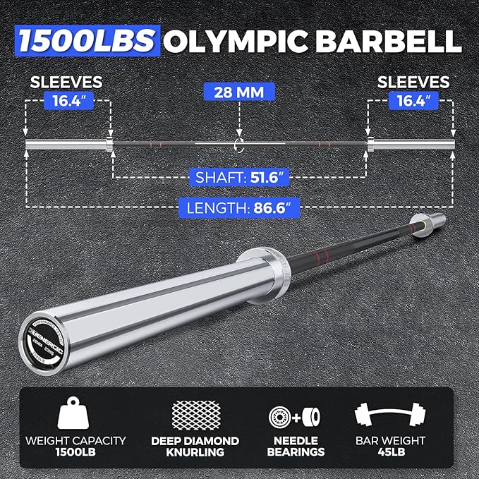 7ft Olympic Barbell Bar 45LB Load 1500lbs Capacity Available, for Gym Home Exercises, Weightlifting, Powerlifting for 2" Olympic Plates