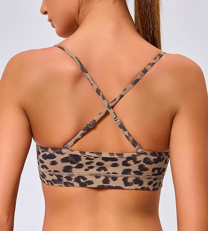 Oalka V Neck Sports Bra for Women Adjustable Padded Thin Straps Wireless Yoga Bras