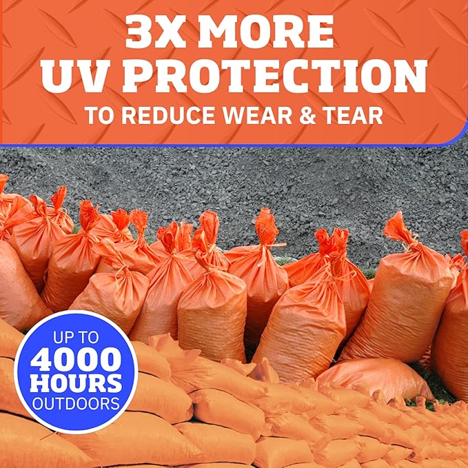 DURASACK Pro Max Heavy Duty Sand Bags for Flooding with 4,000 Hours UV Protection Sandbags for Weight, 100 lbs Capacity, 14x26 in, Orange, 50 Count