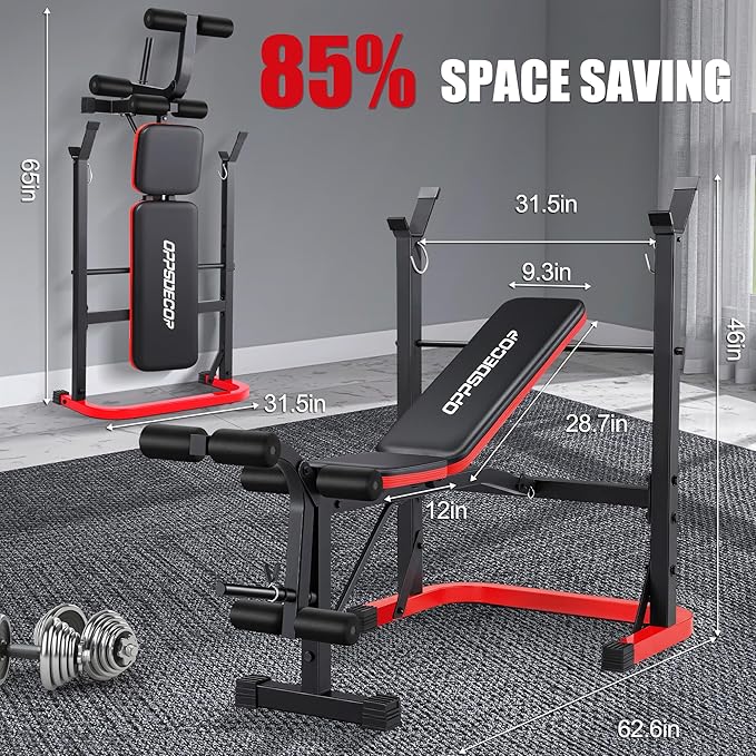 OPPSDECOR Foldable Weight Bench Set with Preacher Curl Pad and Squat Rack, 660LBS Adjustable Bench Press with Leg Extension and Leg Curl, Incline Decline Home Gym Bench for Women Teens Full Body Strength Training