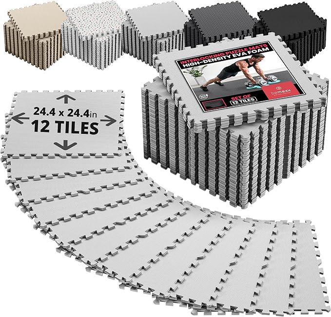 bemaxx Gym Mats Set - 12 pcs EVA Interlocking Foam Floor Tiles (24.4"x24.4"x0.4") 48 sqft Protective Gym Flooring Sports Home Workout Exercise Mats Puzzle Garage Fitness Play-Room Pool Treadmill Bike