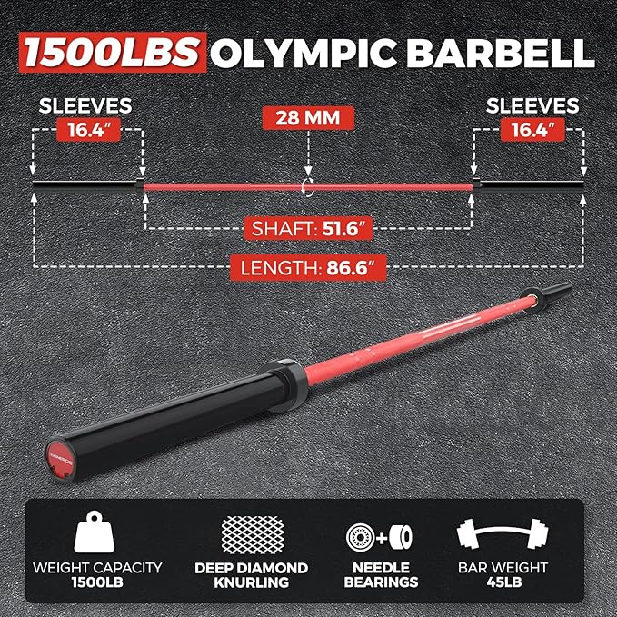 7ft Olympic Barbell Bar 45LB Load 1500lbs Capacity Available, for Gym Home Exercises, Weightlifting, Powerlifting for 2" Olympic Plates