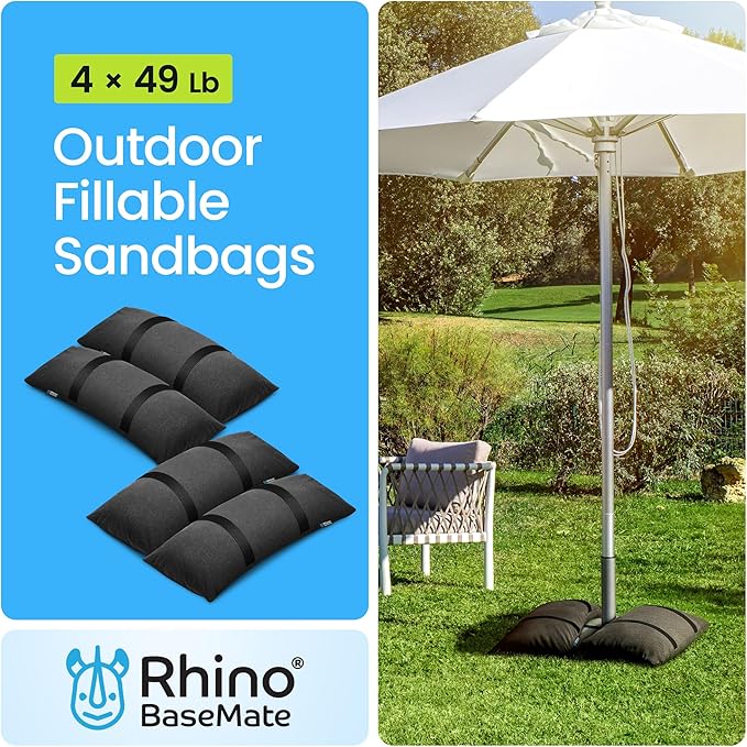 Rhino BaseMate Umbrella Base Weights 8-Pack – Fillable Sand Bags for Umbrella Base & Patio Stand | Durable Weatherproof Sandbag Weights for Outdoor Umbrellas, Arched Design, Holds Up to 49 lbs Each