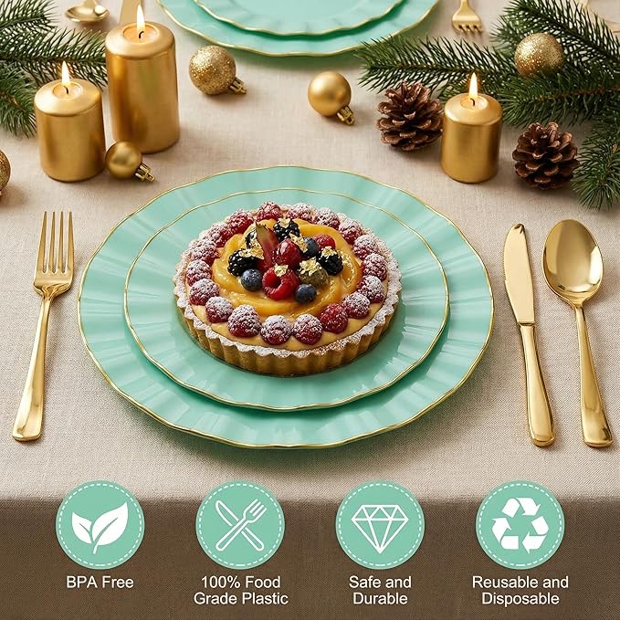 60Pcs Sage Green Plastic Plates, Ware Sage Green Disposable Plates with Gold Rim, Fancy Plastic Plate Include 30 Dinner & Dessert Plate for Party Wedding