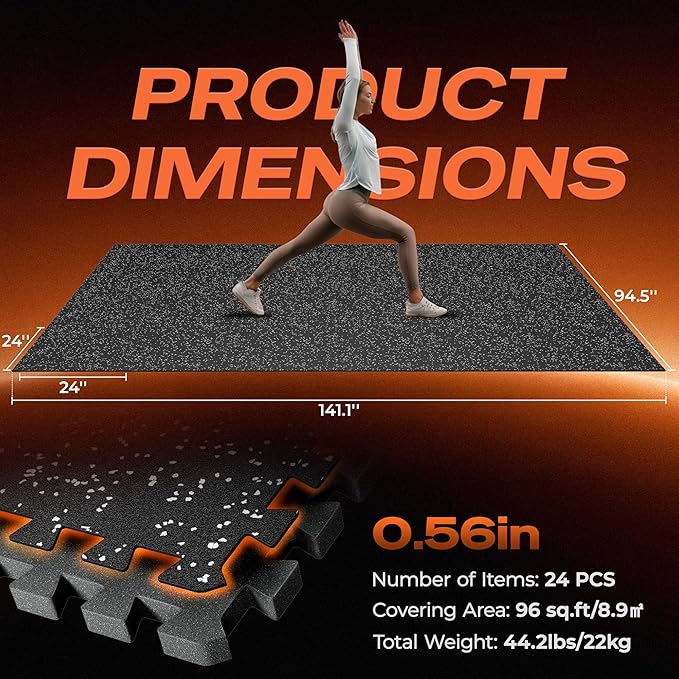 SUPERJARE 0.56'' Thick 24 Pcs 96 Sq Ft Rubber Top Exercise Equipment Mats, High Density EVA Foam Mats with Rubber Top, Interlocking Gym Flooring for Home Gym, Protective Workout Mat, Black/Grey