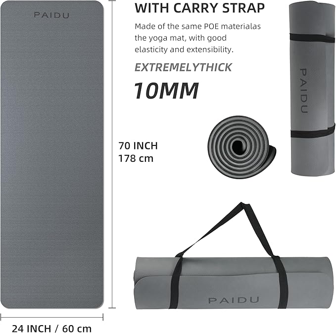 PAIDU Yoga Mat Non Slip Anti-tear,extra thick-2/5 inch（10MM）High Resiliency Professional POE Yoga Mats for Women Men Kids,72"x24"inch,Workout, Yoga, Pilates and Floor Exercise, with Carrier Strap
