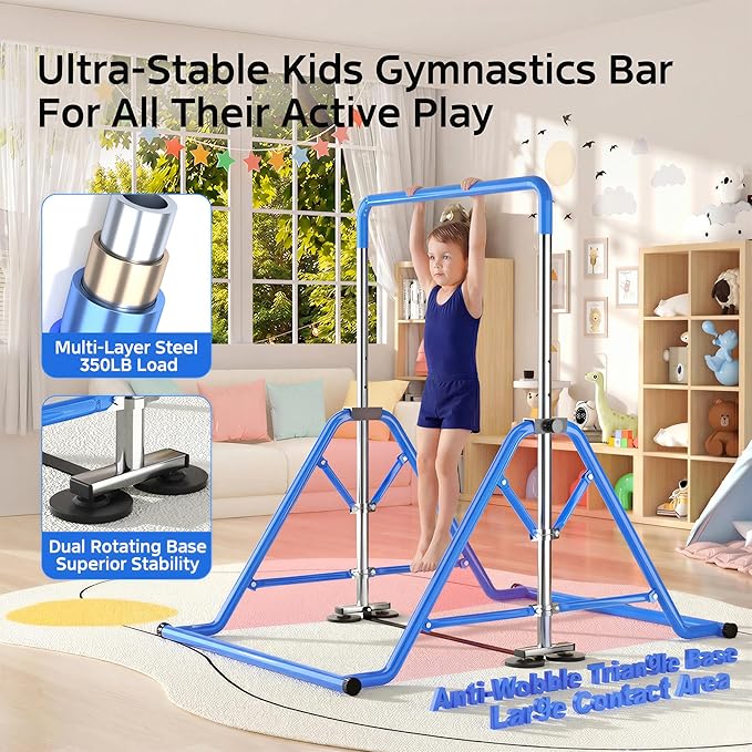 Expandable Kids Gymnastics Kip Bar - Upgraded Dual Base, Folding Adjustable Height 44''-60'', 350LBS Weight Limit, Anti-Slip Suction Feet, Home Training Bar for Kids Ages 3-13 (Blue)