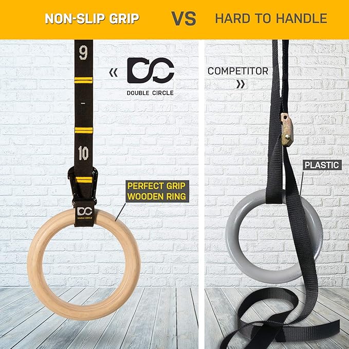 Double Circle Wood Gymnastic Rings (Rings Only) and Exercise Videos Guide for Gym, Compatible with Crossfit, and Bodyweight Training