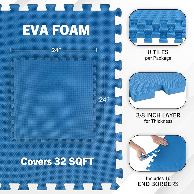 EVA Foam Mat Tiles 8-Pack - 32 SQ FT of Interlocking Padding for Garage, Playroom, or Gym Flooring - Exercise Mat or Baby Playmat by Stalwart (Blue)