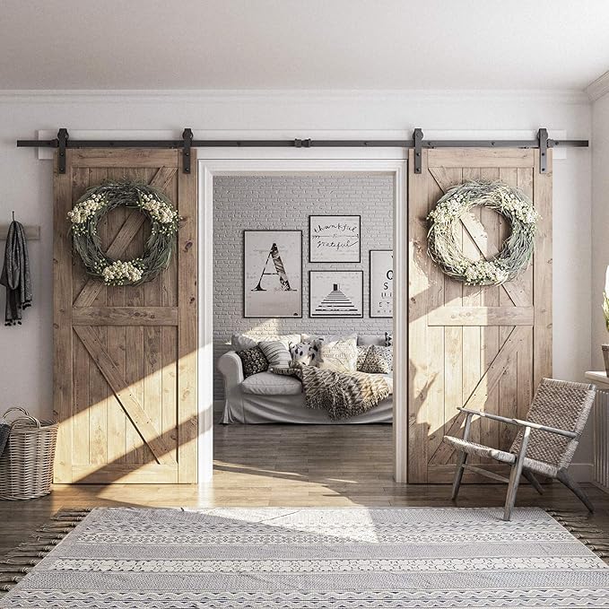 SMARTSTANDARD 12 FT Double Barn Door Hardware Kit, Sliding Door Track-Smoothly and Quietly-Includes Detailed Installation Fit 36" Wide Doorpanel (J Shape Hanger) Black