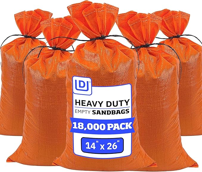 DURASACK Heavy Duty Sand Bags with Tie Strings Empty Woven Polypropylene Sand-Bags for Flood Control with 1600 Hours of UV Protection, 50 lbs Capacity, 14x26 inches, Orange, 18000 Count