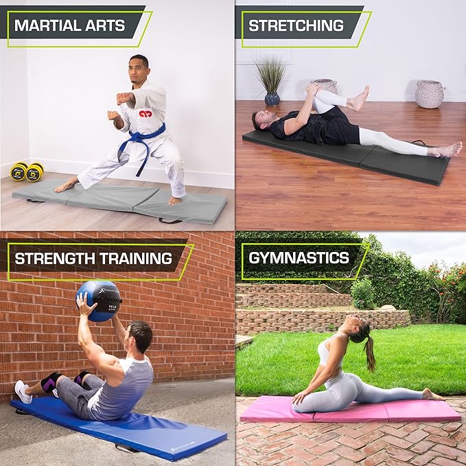ProSource Tri-Fold Folding Thick Exercise Mat 6’x2’ with Carrying Handles for MMA, Gymnastics, Stretching, Core Workouts