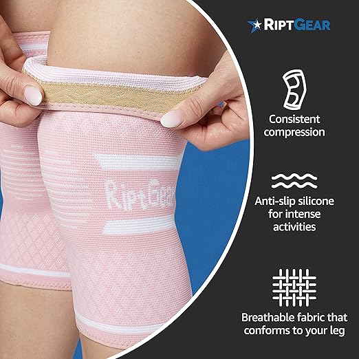 RiptGear Knee Compression Sleeve Women - Knee Support and Compression Knee Brace for Women Working Out For Pain, Running (Large, Pink (2 Pack))