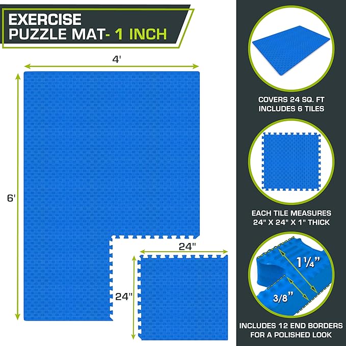 ProsourceFit Exercise Puzzle Mat 1-inch, Checkered EVA Foam Floor Tiles w/Non-Slip Texture, Interlocking Design for Adjustable Gym Surfaces, Shock Absorbing, Blue, 24 SQ FT - 6 Tiles